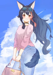 1girl alternate_costume animal_ear_fluff animal_ears bag black_choker black_hair blue_pants blue_sky blush bracelet breasts brown_eyes choker closed_mouth cloud collarbone commentary cowboy_shot crossed_bangs cumulonimbus_cloud denim double-parted_bangs eyewear_on_head floating_hair from_below glasses gold_bracelet gold_buckle hair_between_eyes handbag highres holding holding_bag hololive jeans jewelry large_breasts long_hair long_sidelocks long_sleeves looking_at_viewer ookami_mio pants pink_bag pink_shirt red_streaks shirt sidelocks single_hair_streak sky smile tail tail_around_own_leg virtual_youtuber wolf_ears wolf_girl wolf_tail youyoukai