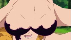 10s 1girl abs angry aura bouncing_breasts breasts cleavage convenient_censoring demon_girl derieri energy facial_tattoo glowing injury living_shadow lowres medium_breasts monster_girl muscular muscular_female nanatsu_no_taizai nude orange_hair scar short_hair spiked_hair tattoo view_between_breasts