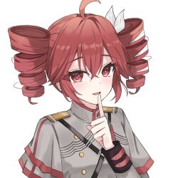 1girl ahoge black_sleeve_cuffs bow buttons double-breasted double-parted_bangs drill_hair grey_jacket hair_between_eyes hair_bow hair_ribbon hand_up hashtag-only_commentary highres index_finger_raised jacket kasane_teto kasane_teto_(sv) konru03 layered_sleeves long_sleeves looking_at_viewer musical_staff musical_staff_print open_mouth red_hair red_trim ribbon shoulder_belt shoulder_boards simple_background solo striped_clothes striped_jacket sunlight synthesizer_v transparent_background twin_drills utau white_bow white_ribbon