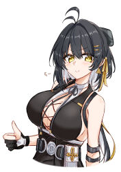 1girl absurdres antenna_hair black_dress black_hair breasts commentary_request cropped_torso dress earrings female_rover_(wuthering_waves) gloves hair_ornament hairclip highres jewelry large_breasts looking_at_viewer maiq06 multicolored_hair parallel_hairclips partially_fingerless_gloves rover_(wuthering_waves) simple_background sleeveless sleeveless_dress smile solo thumbs_up triangle_earrings two-tone_hair upper_body white_background white_hair wuthering_waves yellow_eyes