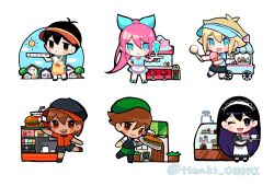2girls 4boys :&lt; alternate_costume alternate_hairstyle apron artist_name aubrey_(faraway)_(omori) aubrey_(omori) basil_(faraway)_(omori) basil_(omori) black_eyes black_hair blonde_hair blue_ribbon blush brown_eyes brown_hair burger chibi chibi_only closed_mouth colored_inner_hair dark-skinned_male dark_skin food grey_shirt hair_ribbon hero_(faraway)_(omori) hero_(omori) holding holding_ice_cream_cone holding_ice_cream_scoop_(utensil) holding_tray ice_cream_cone ice_cream_scoop_(utensil) jukebox kel_(faraway)_(omori) kel_(omori) long_hair looking_at_viewer mari_(faraway)_(omori) mari_(omori) multicolored_hair multiple_boys multiple_girls omori one_eye_closed open_mouth pink_hair ponytail purple_hair ribbon sandwich shirt short_hair short_sleeves smile sunny_(omori) timaki tray twitter_username white_shirt yellow_apron