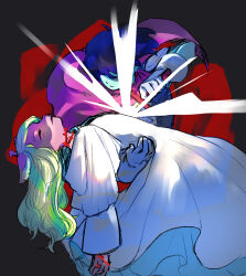 1girl 1other arm_around_back blonde_hair blue_hair blue_skin cape colored_skin commentary_request deer_girl deltarune furry furry_female highres holding holding_sword holding_weapon human_scabbard korean_commentary kris_(dark_world)_(deltarune) kris_(deltarune) mae_giii noelle_holiday noelle_holiday_(dark_world) pink_cape plant robe sekai_wo_kakumei_suru_chikara_wo shoujo_kakumei_utena sword thorns vines weapon weird_route_(deltarune) white_robe