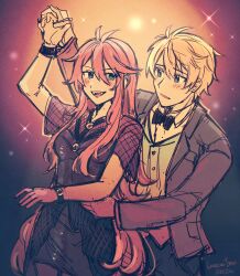 1boy 1girl absurdres blonde_hair blue_eyes blush bow bowtie cedric_reise_arnor dancing double-parted_bangs eiyuu_densetsu fangs formal_clothes hair_between_eyes highres holding_hands leorlontyan long_hair open_mouth red_hair sen_no_kiseki sen_no_kiseki_(series) sen_no_kiseki_i sen_no_kiseki_iv shirley_orlando short_hair sidelocks smile sparkle_background suit