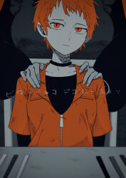 2girls :| absurdres apron bitter_choco_decoration_(vocaloid) black_choker black_dress black_undershirt choker closed_mouth daiki_amano dress genderswap genderswap_(mtf) grey_apron hands_on_another&#039;s_shoulders head_tilt highres jewelry jumpsuit long_sleeves looking_at_viewer male_focus multiple_girls on_chair orange_hair orange_jumpsuit prison_clothes red_eyes ring short_hair short_sleeves sitting song_name translation_request yanba2128