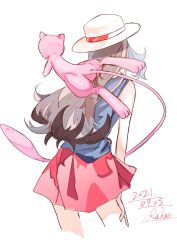1girl brown_hair commentary_request dated from_behind gen_1_pokemon hand_on_own_thigh hat highres leaf_(pokemon) leaning legendary_pokemon long_hair mew_(pokemon) mythical_pokemon nintendo pokemon pokemon_(creature) pokemon_frlg r.aka. shirt signature simple_background skirt sleeveless sleeveless_shirt white_background white_hat