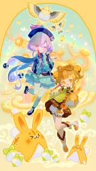 2girls absurdres bell black_shoes bloomers blue_dress blue_hat blue_shorts boots bow-shaped_hair braid braided_ponytail brown_dress brown_eyes brown_hair child commentary commentary_request dress english_commentary food full_body genshin_impact giuniu_(unc_135) green_dress hair_bell hair_ornament hand_on_own_cheek hand_on_own_face hat hat_ribbon highres holding holding_food jingle_bell long_hair long_sleeves looking_at_viewer medium_hair mixed-language_commentary multiple_girls ofuda ofuda_on_head open_mouth pink_eyes pink_ribbon purple_hair qingdai_guanmao qiqi_(genshin_impact) ribbon shoes shorts shorts_under_dress single_braid smile standing standing_on_one_leg tanghulu thighhighs two-tone_dress two_side_up underwear very_long_hair white_bloomers white_boots white_thighhighs wide_sleeves yaoyao_(genshin_impact)