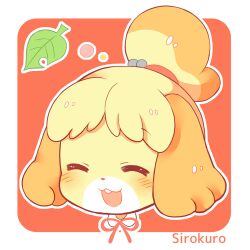 1girl :3 :d ^_^ animal_crossing animal_ears animal_nose bell blonde_hair body_fur border closed_eyes commentary_request cropped_head dog_ears dog_girl furry furry_female hair_bell hair_ornament isabelle_(animal_crossing) leaf nintendo open_mouth red_background shirokuro_buti short_hair simple_background smile solo topknot white_border yellow_fur