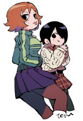 2girls black_eyes black_hair cropped_legs earrings freckles green_jacket hair_over_one_eye hands_in_pockets highres jacket jewelry kim_pine knives_chau light_blush long_sleeves looking_at_viewer multiple_girls pantyhose plaid_clothes plaid_skirt pleated_skirt purple_skirt red_hair red_skirt scott_pilgrim_(series) scott_pilgrim_takes_off short_hair signature skirt smile sweater tetsu_(teppei) tongue tongue_out track_jacket white_background