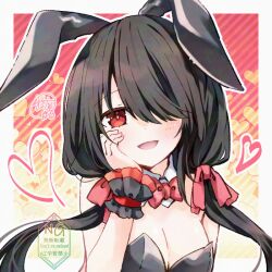 Rule 34 | 1girl, animal ears, black hair, black leotard, blush, bow, bowtie, breasts, cleavage, date a live, detached collar, fake animal ears, frilled cuffs, hand on own face, hoshibana anima, leotard, long hair, looking at viewer, medium breasts, open mouth, rabbit ears, red bow, red bowtie, red eyes, smile, solo, tokisaki kurumi, twintails