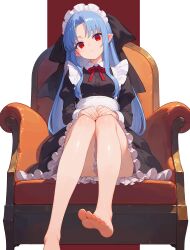 1girl absurdres apron bare_legs barefoot black_bow black_dress blue_hair blush bow closed_mouth commentary_request commission dress empty_eyes feet frilled_apron frills hair_bow half_updo highres len_(tsukihime) long_hair long_sleeves looking_at_viewer maid maid_apron maid_headdress pointy_ears puffy_sleeves raiden_(kdsn3783) red_eyes sitting skeb_commission soles solo toes tsukihime waist_apron white_apron