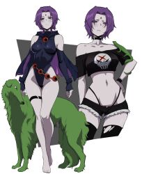 Rule 34 | 1boy, 1girl, absurdres, animal, animal on shoulder, bare legs, barefoot, beast boy (dc), black leotard, casual, cloak, colored skin, couple, crop top, dc comics, dog, elbow gloves, facial mark, fingerless gloves, forehead mark, frayed shorts, frown, glaring, gloves, green fur, grey skin, highleg, highleg leotard, highres, kekel, leotard, looking at viewer, micro shorts, purple hair, raven (dc), scowl, short hair, shorts, teen titans, teen titans (tv series), thong