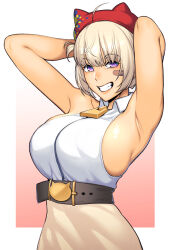 1girl ahoge aogiri_koukou armpits arms_behind_head arms_up bandaid bandaid_on_cheek bandaid_on_face bare_shoulders breasts commentary dyun hat hat_with_ears highres large_breasts ooshiro_mashiro purple_eyes short_hair sideboob sleeveless smile solo virtual_youtuber