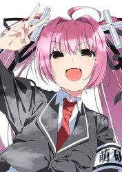 Rule 34 | 1girl, 2000s (style), ahoge, armband, blazer, collared shirt, copyright request, cross hair ornament, fang, faux retro artstyle, grey jacket, hair intakes, hair ornament, hair ribbon, hand up, highres, insomnia (insomnia plus), jacket, long hair, looking at viewer, necktie, open mouth, pink hair, red eyes, red necktie, ribbon, school uniform, shirt, simple background, smile, solo, twintails, upper body, v, white background, white shirt