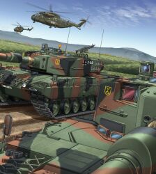 2others absurdres aircraft ambiguous_gender blue_sky bundeswehr caterpillar_tracks ch-53 cloud commentary_request cross day dirt_road eurocopter_ec145 flower fn_mag german_army german_flag germany grass gun helicopter highres insignia iron_cross leopard_2 license_plate machine_gun mikeran_(mikelan) military military_vehicle motor_vehicle mountainous_horizon multiple_others original outdoors pilot radio_antenna red_flower road roundel shadow sky tank vehicle_focus weapon white_flower yellow_flower
