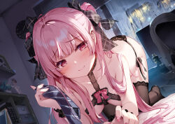 1girl black_bra black_panties black_ribbon black_thighhighs blush bra breasts cupless_bra hair_ribbon holding holding_unworn_clothes indoors lace lace-trimmed_thighhighs lace_trim long_hair medium_breasts miyase_mahiro nail_polish original panties pink_eyes pink_hair pink_nails ribbon smile thighhighs twintails underwear very_long_hair wrist_cuffs