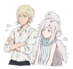1boy 1girl bare_shoulders blonde_hair blue_eyes blue_sweater bullfalk collared_shirt deux_murasame dress_shirt freckles gates_capa green_eyes grey_hair gundam gundam_gquuuuuux half_updo long_hair shirt short_hair sidelocks simple_background sleeveless sleeveless_sweater sweatdrop sweater three-quarter_sleeves upper_body v-shaped_eyebrows very_long_hair white_background white_shirt