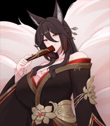 Rule 34 | 1girl, absurdres, animal ear fluff, animal ears, ant k, black background, breasts, brown hair, cleavage, folded fan, folding fan, fugue (honkai: star rail), gradient hair, green eyes, hair ornament, hairpin, hand fan, highres, holding, holding fan, honkai: star rail, honkai (series), japanese clothes, kanta077, kimono, large breasts, long hair, looking at viewer, md5 mismatch, multicolored hair, multiple hairpins, multiple tails, nail polish, pink tail, red nails, resolution mismatch, simple background, smile, solo, source larger, tail, tingyun (honkai: star rail)