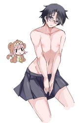 1boy 1girl animal_costume animal_ears banana bare_legs black_hair blue_eyes blush chaos;child chibi closed_mouth collarbone crossdressing embarrassed feet_out_of_frame food fruit glasses highres jonyeld looking_at_viewer miniskirt miyashiro_takuru monkey_costume monkey_ears monkey_tail navel nipples onoe_serika pale_skin pink_hair skirt smile tagme tail toned toned_male wide_hips