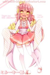 1girl absurdres animal animal_on_head back_bow bird bird_on_head blush bow buttons chick collared_shirt commentary dark-skinned_female dark_skin deviantart_username dress english_commentary english_text eyelashes floral_print full_body hair_bow happy heart_button highres large_bow light_blush long_hair long_sleeves milestone_celebration mixed-language_text niinakho on_head open_mouth original pinafore_dress pink_bow pink_dress pink_hair pink_sandals pink_theme pleated_dress purple_bow sandals shirt short_dress simple_background sleeveless sleeveless_dress sleeves_past_fingers sleeves_past_wrists smile solo standing tareme thighhighs very_long_hair white_background white_shirt white_thighhighs wide_sleeves yellow_eyes zettai_ryouiki