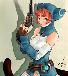 1girl animal_ears animal_hood bare_shoulders belt blue_eyes breath_of_fire breath_of_fire_v capcom cat_ears cat_hood cat_tail detached_sleeves elbow_gloves female_focus fingerless_gloves gloves gun handgun hood lin lin_(breath_of_fire) nakano_tomokazu pistol purple_eyes red_hair short_hair sleeveless sleeveless_turtleneck solo tail turtleneck weapon