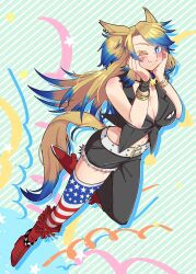 Rule 34 | 1girl, absurdres, american flag, american flag print, animal ears, asymmetrical pants, belt, black panties, black vest, blonde hair, blue eyes, blue hair, boots, bracelet, breasts, cleavage, closed mouth, cutoffs, ear piercing, flag print, floating, gradient hair, high heel boots, high heels, highres, horse ears, horse girl, horse tail, jewelry, large breasts, leg up, long hair, looking at viewer, midriff, multicolored hair, navel, necklace, obey your master (umamusume), one eye closed, panties, piercing, print thighhighs, red boots, single thighhigh, smile, solo, star-shaped pupils, star (symbol), star necklace, symbol-shaped pupils, tail, thighhighs, tira (tira e), umamusume, umamusume: cinderella gray, underwear, vest, white belt, wristband