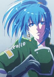 1girl asuma3 black_gloves blue_eyes blue_hair commentary dated earrings gloves green_jacket hair_between_eyes jacket jewelry leona_heidern looking_at_viewer military_uniform parted_lips sidelocks simple_background solo the_king_of_fighters