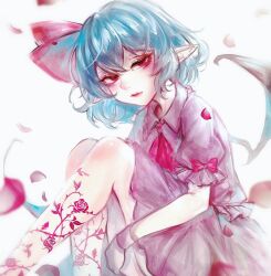 1girl ascot bat_wings blue_hair bow collared_shirt commentary english_commentary falling_petals fang flower hair_between_eyes hair_ribbon highres kyogoku-uru petals pink_shirt pointy_ears puffy_short_sleeves puffy_sleeves red_ascot red_bow red_eyes red_lips red_ribbon remilia_scarlet ribbon rose shirt short_hair short_sleeves sitting solo touhou wings