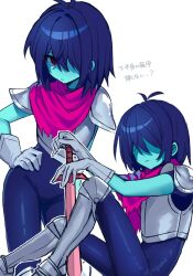 1other armor armored_boots blue_bodysuit blue_hair blue_skin bodysuit boots closed_mouth colored_skin commentary_request deltarune gloves grey_gloves hair_between_eyes hand_on_own_hip highres holding holding_sword holding_weapon kris_(deltarune) mitorizu_02 pink_scarf red_eyes scarf simple_background sword translation_request weapon white_background