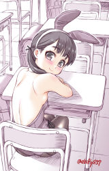 1girl animal_ears ass backless_outfit backpack bag bare_shoulders black_pantyhose blush breasts brown_eyes brown_hair chair classroom desk detached_collar ebifly fake_animal_ears from_behind indoors leotard long_hair looking_at_viewer looking_back original pantyhose playboy_bunny ponytail purple_leotard rabbit_ears randoseru sitting small_breasts smile solo strapless strapless_leotard