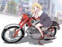 Rule 34 | 1girl, blonde hair, building, city, dress, flower, grey dress, hair flower, hair ornament, highres, long hair, looking at viewer, love live!, love live! superstar!!, maruyo, motor vehicle, motorcycle, onitsuka natsumi, open mouth, outdoors, school uniform, shirt, shoes, sitting, socks, solo, summer uniform, teeth, translation request, tree, upper teeth only, white shirt, yuigaoka school uniform