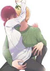 Rule 34 | 1boy, 1girl, arima kana, black pantyhose, blonde hair, blue eyes, from side, green shirt, highres, holding, holding mistletoe, hoshino aquamarine, implied kiss, kiss, long sleeves, mistletoe, oshi no ko, pantyhose, ponytail, red hair, risdelusions, shirt, short hair, simple background, sitting, white background, white shirt
