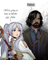 1boy 1girl absurdres alan_wake alan_wake_(game) arms_at_sides beard black_hair capelet collared_shirt commentary crossover earrings elf english_commentary english_text facial_hair floating_earrings frieren grey_hair highres holding holding_staff i_think_we&#039;re_gonna_have_to_kill_this_guy_steven_(meme) jacket jewelry kluverdesigns long_hair long_sleeves mage_staff meme necktie open_clothes open_jacket parted_bangs parted_lips pointy_ears shirt short_hair sousou_no_frieren staff twintails upper_body white_capelet wing_collar