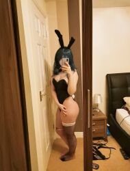 Rule 34 | animal ears, asymmetrical legwear, bare shoulders, bedroom, blue hair, breasts, female byleth (fire emblem), byleth (fire emblem) (cosplay), cleavage, cosplay, cosplay photo, fake animal ears, fake bunny ears, fire emblem, fire emblem: three houses, gluteal fold, highleg, highleg leotard, highres, holding, holding phone, iloveballs666, leaning to the side, leotard, long hair, messy room, mirror image, mirror reflection, nintendo, ok sign, pantyhose, phone, photo (medium), playboy bunny, playboy bunny swimsuit, rabbit tail, selfie, strapless, strapless leotard, thick thighs, thighs, uneven legwear, wide hips