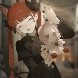1girl :d ^_^ animal_ear_fluff animal_ears black_bow black_dress black_nails blunt_bangs bow braid cat_ears cat_girl cat_tail closed_eyes commentary doll dress extra_ears facing_viewer fang fumo_(doll) hair_bow holding holding_doll juliet_sleeves kaenbyou_rin komeiji_satori long_hair long_sleeves open_mouth pointy_ears puffy_sleeves rcs_4 red_hair skin_fang smile solo tail touhou twin_braids upper_body