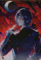 1boy absurdres ayn_alwyn ayn_alwyn_(midnight_epilogue) black_hair black_jacket chinese_commentary closed_mouth crescent_moon expressionless falling_petals flower frilled_sleeves frills from_behind hair_between_eyes hand_up highres holding holding_flower jacket long_sleeves looking_at_viewer looking_back lovebrush_chronicles male_focus moon petals plume pointy_ears red_background red_eyes red_flower red_rose rose short_hair solo upper_body vampire zhumojian