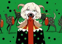 1girl blonde_hair blood blood_from_mouth creature goat_horns green_background green_eyes highres horns long_hair looking_at_viewer momomo_906 original red_eyes ringed_eyes sharp_teeth solo teeth tongue tongue_out upper_body
