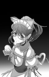 1girl alternate_costume animal_ears apron blush cat_ears cat_girl cat_tail collar dress eibon enmaided frilled_apron frilled_collar frills from_above from_side glasses heart heart_in_eye heart_tail highres holding_own_tail kemonomimi_mode long_hair looking_at_viewer maid maid_apron maid_headdress off-shoulder_dress off_shoulder puffy_short_sleeves puffy_sleeves pulling_own_clothes ribbon robotics;notes senomiya_akiho short_sleeves skirt sleeve_ribbon smile symbol_in_eye tail unconventional_maid waist_apron white_apron