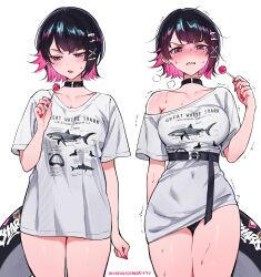 Rule 34 | 1girl, absurdres, black hair, blush, candy, collarbone, colored inner hair, cowboy shot, ellen joe, fins, fish tail, food, highres, holding, holding candy, holding food, holding lollipop, lollipop, looking at viewer, mole, mole under eye, multicolored hair, patreon username, pink eyes, pink hair, qiandaiyiyu, shark girl, shark tail, shirt, short hair, short sleeves, simple background, single bare shoulder, standing, tail, teeth, thighs, white background, white shirt, zenless zone zero