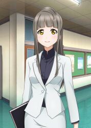 Rule 34 | 1girl, arms at sides, black shirt, blunt bangs, blush, breasts, bulletin board, carrying, carrying under arm, ceiling, ceiling light, closed mouth, door, floor, formal clothes, grey hair, hallway, high collar, holding, holding notebook, indoors, layered clothes, long hair, long sidelocks, long skirt, long sleeves, looking at viewer, love live!, love live! school idol festival, love live! school idol project, mature female, minami kotori&#039;s mother, notebook, official art, pencil skirt, pink lips, poster (object), reflective ceiling, reflective floor, school, shirt, sidelocks, skirt, skirt suit, smile, solo, standing, suit, tile ceiling, tiles, upper body, white skirt, white suit, yellow eyes