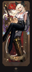 1girl absurdres artist_logo black_gloves black_horns black_jacket black_pants black_shoes breasts card_(medium) character_name cleavage closed_mouth collarbone commentary crossed_legs curled_horns earrings gloves highres holding holding_jacket holding_sword holding_unworn_clothes holding_weapon horns jacket jewelry key_earrings large_breasts logo long_hair looking_at_viewer necktie necktie_around_wrists pants red_eyes red_necktie shirt shirt_tucked_in shoes solo steve_zheng sword unworn_jacket weapon white_shirt wuthering_waves zani_(wuthering_waves)