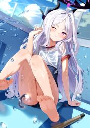 1girl ahoge arm_support barefoot black_halo black_horns black_one-piece_swimsuit blue_archive blue_sky breasts cleaning_brush cleaning_pool cloud cloudy_sky day demon_horns disembodied_hand dot_nose empty_pool feet fence fingernails gabuchi gym_shirt halo highres hina_(blue_archive) horns knees_together_feet_apart knees_up light_blush loli long_hair mop multiple_horns one-piece_swimsuit one_eye_closed parted_bangs parted_lips pool purple_eyes see-through_clothes see-through_shirt shirt short_sleeves sitting sky small_breasts soles solo swimsuit swimsuit_under_clothes thighs tied_shirt toenails toes very_long_hair water wavy_hair wet wet_clothes white_hair white_shirt