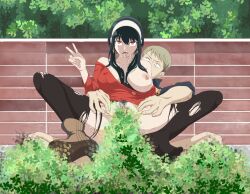 1boy 1girl ahegao black_hair breasts breasts_out bush convenient_censoring cum cum_in_mouth exhibitionism foliage from_front full_body hetero highres huge_filesize large_breasts nipples obstructed_view one_shoe open_mouth outdoors pencil_drawing public_indecency red_eyes red_sweater sex sex_from_behind spread_legs spy_x_family stealth_sex sweater torn_clothes v yor_briar
