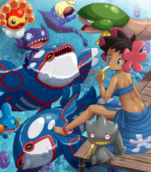 00s 1girl alternate_form anklet banana banette barefoot blue_eyes brown_eyes brown_hair castform castform_(sunny) dark-skinned_female dark_skin dock eating elite_four feet flower food fruit gen_3_pokemon gorebyss hair_flower hair_ornament jewelry kyogre legendary_pokemon luvdisc mudkip nintendo phoebe_(pokemon) pokemoa pokemon pokemon_(creature) pokemon_rse sableye sealeo sitting strapless tropius tube_top