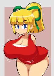 Rule 34 | 1girl, bare shoulders, blonde hair, blue eyes, blunt bangs, blush stickers, border, breasts, cleavage, closed mouth, collarbone, dress, grey border, long hair, looking to the side, mega man (classic), mega man (series), motion lines, oppai loli, ponytail, red background, red dress, roll (mega man), sidelocks, simple background, sleeveless, sleeveless dress, smile, solo, thick thighs, thighs, yelladrill