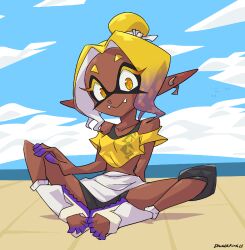 Rule 34 | 1girl, bike shorts, black bike shorts, black bra, blonde hair, bra, breasts, cephalopod eyes, cloud, collarbone, colored extremities, cross-shaped pupils, dangerking11, dark skin, earrings, fangs, frye (splatoon), frye (splatoon raiders), gradient hair, hair ribbon, hand on own knee, inkling, jewelry, knee pads, looking at viewer, midriff, multicolored hair, nintendo, ocean, off-shoulder shirt, off shoulder, pointy ears, purple hair, ribbon, sandals, shirt, short hair, short sleeves, single earring, single knee pad, sitting, skirt, sky, small breasts, smile, socks, splatoon (series), splatoon raiders, squid girl, symbol-shaped pupils, tentacle hair, toeless legwear, topknot, two-tone hair, underwear, water, white sandals, white skirt, white socks, yellow eyes, yellow shirt