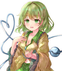 1girl :d absurdres breasts cleavage collarbone collared_shirt commentary_request frilled_shirt_collar frills green_eyes green_skirt grey_hair heart heart_of_string highres ikazuchi_akira komeiji_koishi long_sleeves looking_at_viewer medium_breasts medium_hair navel no_headwear open_mouth shirt simple_background skirt smile solo third_eye touhou upper_body white_background white_shirt yellow_shirt