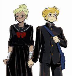 1boy 1girl alternate_costume bag bandaged_arm bandages black_eyes black_jacket black_pants black_sailor_collar black_skirt blonde_hair blue_bag blush bow bowtie closed_mouth contemporary dark-skinned_female dark_skin gakuran highres holding_hands jacket link nintendo pants pointy_ears red_bow red_bowtie sailor_collar school_bag school_uniform senzo6700 short_hair simple_background skirt sweat tetra the_legend_of_zelda the_legend_of_zelda:_the_wind_waker white_background