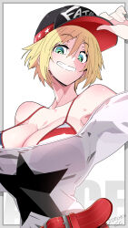 1girl alice_garnet_nakata bare_shoulders baseball_cap bikini blonde_hair breasts cleavage collarbone commentary_request dated fatal_fury fatal_fury_cap green_eyes hat highres large_belt large_breasts looking_at_viewer loose_clothes loose_shirt makokujira off-shoulder_shirt off_shoulder open_mouth red_bikini shirt short_hair simple_background smile snk solo star_(symbol) swimsuit the_king_of_fighters the_king_of_fighters_xiv