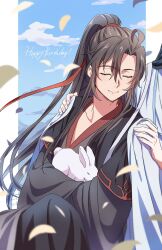 2boys ahoge animal black_hair black_hanfu blue_sky chinese_clothes closed_eyes closed_mouth cloud dated day eyelashes falling_petals hair_ribbon hands_on_another&#039;s_shoulders hanfu happy_birthday highres holding holding_animal kimako_(kimako_8) knees_up lan_wangji leaning_on_person long_hair male_focus modao_zushi multiple_boys out_of_frame outdoors petals ponytail rabbit red_ribbon ribbon robe sidelocks sitting sky sleeping sleeping_on_person smile solo_focus wei_wuxian white_hanfu wide_sleeves wind yaoi