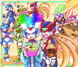 Rule 34 | 1girl, 6+boys, absurdres, armor, black eyes, blonde hair, blue armor, blue eyes, blue footwear, blue helmet, boots, chasing, clenched hand, closed eyes, copy x (mega man), cyber elf x (mega man), dual wielding, eating, energy sword, fairy leviathan (mega man), fang, fighting fefnir (mega man), fins, food, forehead jewel, green armor, green eyes, green footwear, green helmet, halo, head fins, head wings, heart, helmet, hidden phantom (mega man), highres, holding, holding food, holding polearm, holding sword, holding weapon, horns, ice cream, ice cream cone, long hair, mechanical wings, mega man (series), mega man zero (series), meshiuma0x, multiple boys, ninja, omega (mega man), open mouth, oversized food, oversized object, polearm, purple armor, purple footwear, purple helmet, red armor, red eyes, red footwear, red helmet, red scarf, running, sage harpuia (mega man), scarf, spear, speech bubble, spoken heart, spoken sweatdrop, sweat, sweatdrop, sword, teeth, thigh boots, upper teeth only, weapon, wings, x (mega man), zero(z) (mega man), zero (mega man)